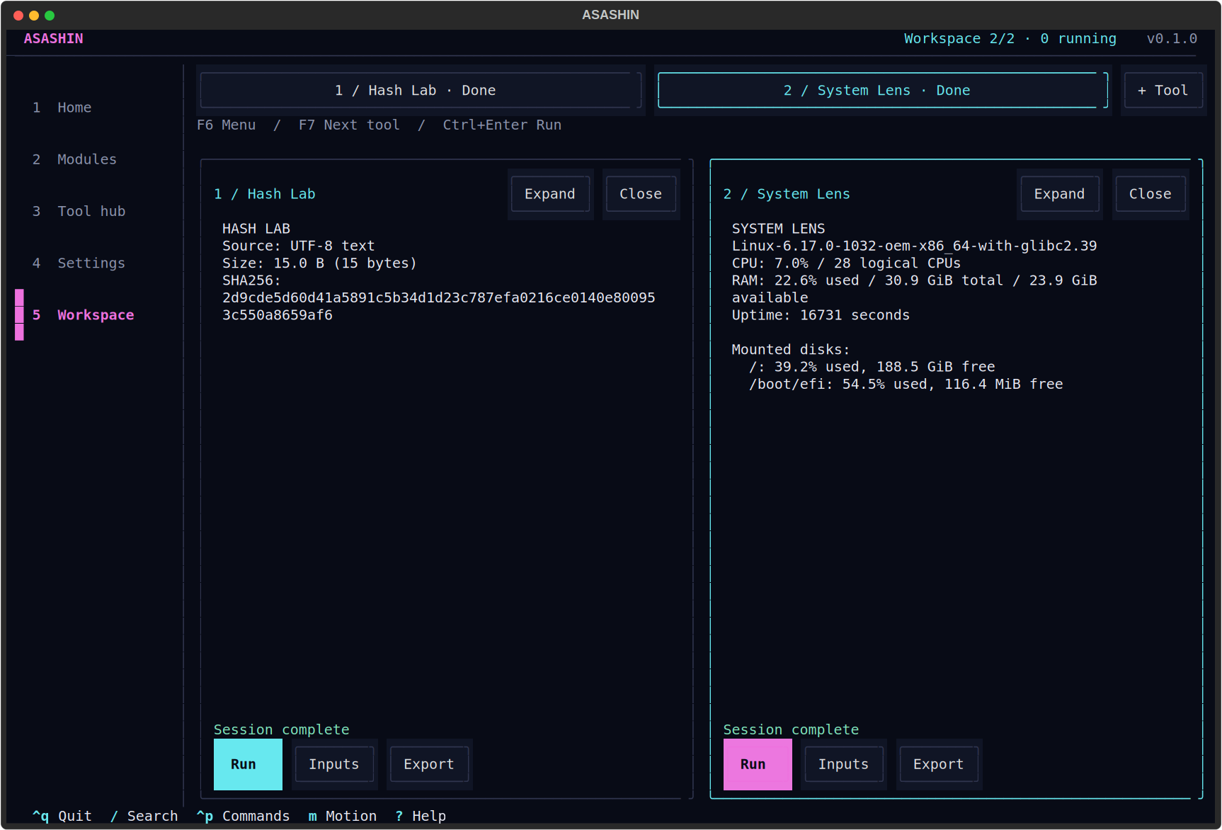 Actual Asashin terminal running Hash Lab and System Lens side by side, with navigation still visible.